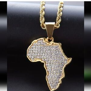 NIP Mens Golden Africa Map Pendant Necklace With Cubic Zirconia